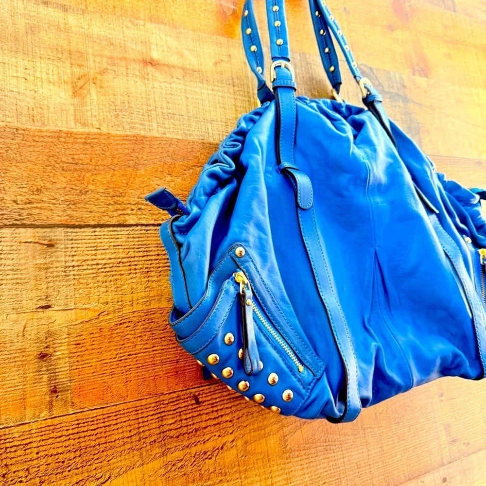 Vintage Hype Blue Leather Studded Oversized Hobo Shoulder Bag